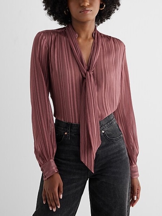 Express Tops - Express Slim metallic striped tie neck portofino shirt